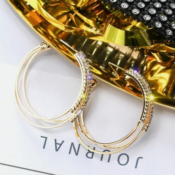 Yellow Gold Hoop Pave Diamond Earrings - Picture 7 of 8